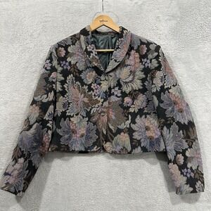 Stefanel Italy Floral Tapestry Blazer Jacket L Blue Rose Cottagecore Vtg Look
